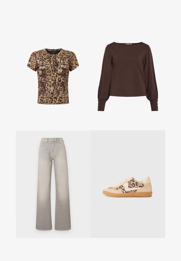 Brown knitted sweater with a boat neckline, long puff sleeves, and button accents at the cuffs. Features a relaxed fit and smooth texture.; Leopard print short-sleeve t-shirt in brown and black tones. Features a round neckline and soft, lightweight fabric.; Gray wide-leg jeans with a faded finish, button closure, five-pocket design, and stitched detailing along the seams.; Leopard print sneakers with beige suede upper, tan rubber sole, and white accents. Round toe and lace-up design with a textured finish.