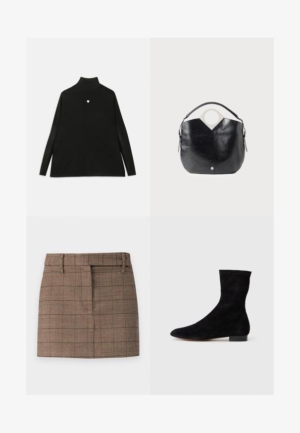 Pull noir à col roulé avec manches longues, arborant un petit embleme en forme de cœur blanc sur la poitrine. Tissu doux et coupe décontractée.; Jupe en tartan marron avec une coupe ajustée, dotée d'une taille plate, de plis en façade et d'un tissu texturé fin.; Bottine en suede noir avec une tige ajustée, un bout pointu et un petit talon bloc. Texture lisse et design minimaliste, adaptée à un styling polyvalent.; Sac en cuir noir avec une forme arrondie, une poignée supérieure circulaire et un détail de logo en argent. Texture lisse et fonction de design découpé notable.