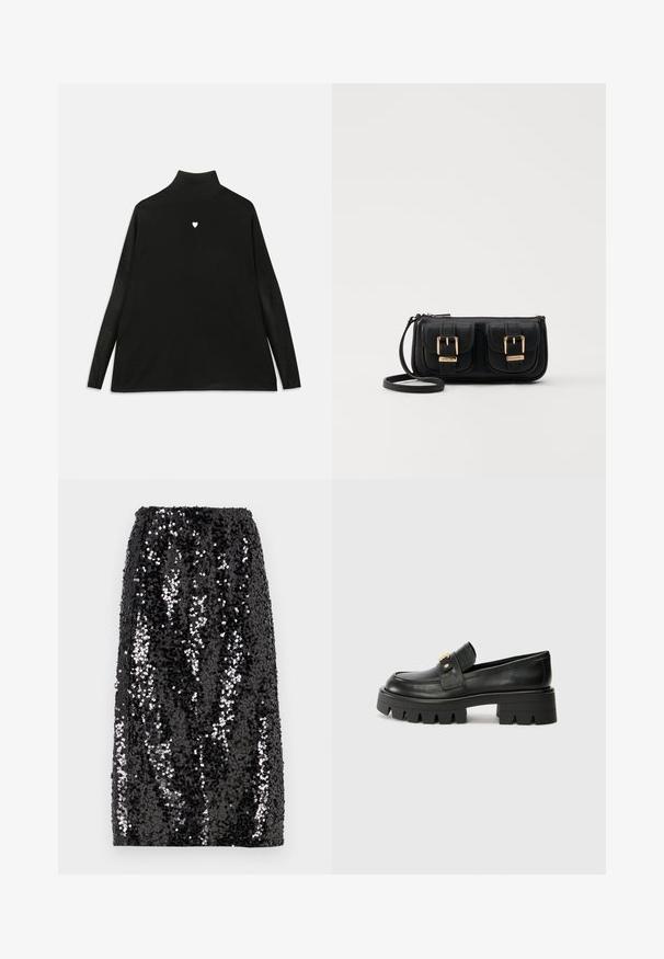 Čierny rolák s dlhými rukávmi, na hrudi s malou bielou emblematickou srdiečkou. Mäkkučká látka a voľný strih.; Čierna sukňa so saquinmi, ktorá má rovný strih, elastický pás a hladký povrch s rôznymi veľkosťami lesklých saquinov pre vizuálny kontrast.; Čierne kožené mokasíny s masívnou podrážkou, s akcentom v zlatej farbe na prednej strane a hladkým povrchom. Na podrážke je výrazný dezén.; Čierna kožená crossbody taška s dvoma prednými vreckami, zlatými sponami, zipsovým uzatváraním a úzkym popruhom. Štruktúrovaný povrch a kompaktný obdĺžnikový tvar.