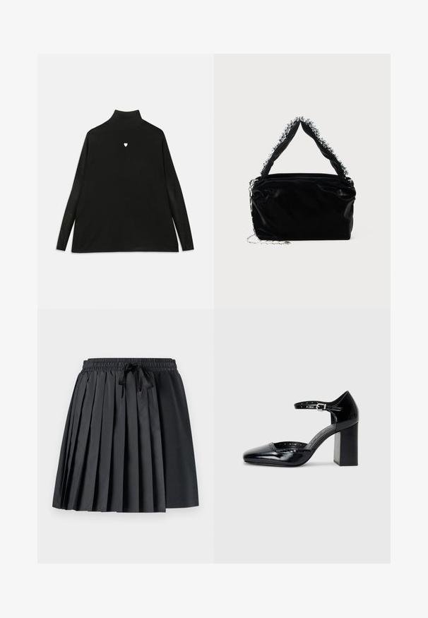 Pulover negru cu guler înalt și mâneci lungi, având un mic emblemă albă în formă de inimă pe piept. Material moale și croială lejeră.; Faldă neagră plisată cu talie elastică și șnur; combină țesătură netedă și texturată pentru un aspect în straturi.; Pantofi cu toc înalt din piele lăcuită neagră, cu vârf pătrat, curea pentru gleznă și toc gros. Include detalii perforate de-a lungul marginii.; Geantă din piele sintetică neagră cu un finisaj texturat, având un accent din mărgele argintii de-a lungul mânerului de sus și o curea din lanț.