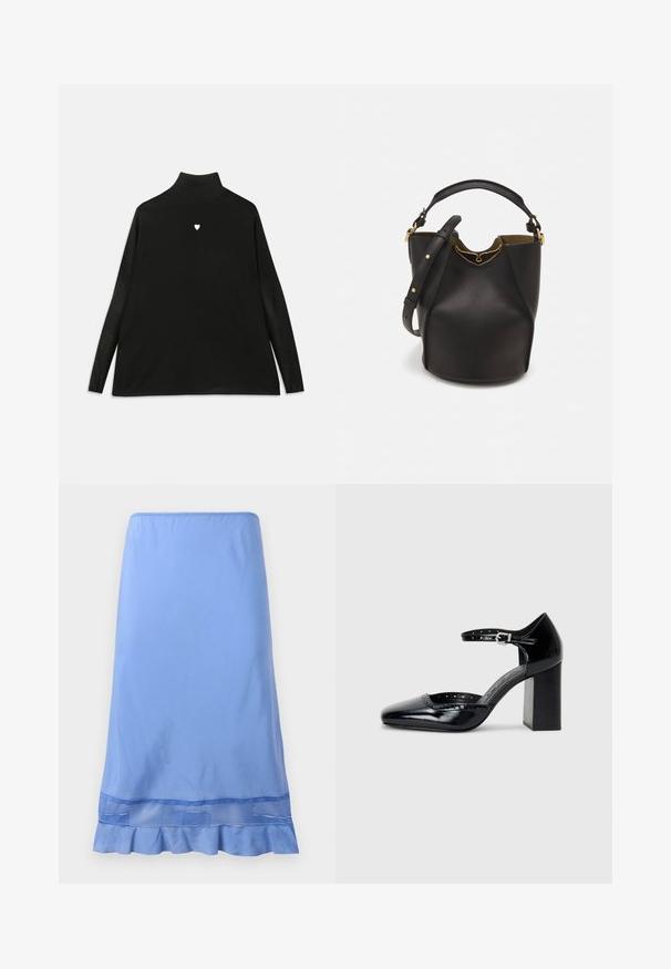 Sort turtleneck sweater med lange ærmer, prydet med et lille hvidt hjerteemblem på brystet. Blødt stof og afslappet pasform.; Lyseblå knælang nederdel lavet af glat stof, med en flæset kant og et mesh-detalje nær bunden. Enkel pull-on design.; Sorte patenterede læder højhælede sko med firkantet tå, ankelrem og en kraftig hæl. Inkluderer perforerede detaljer langs kanten.; Sort læder bucket taske med en struktureret overflade, guld hardware detaljer og en åben top. Har et kort håndtag og justerbar skulderrem.