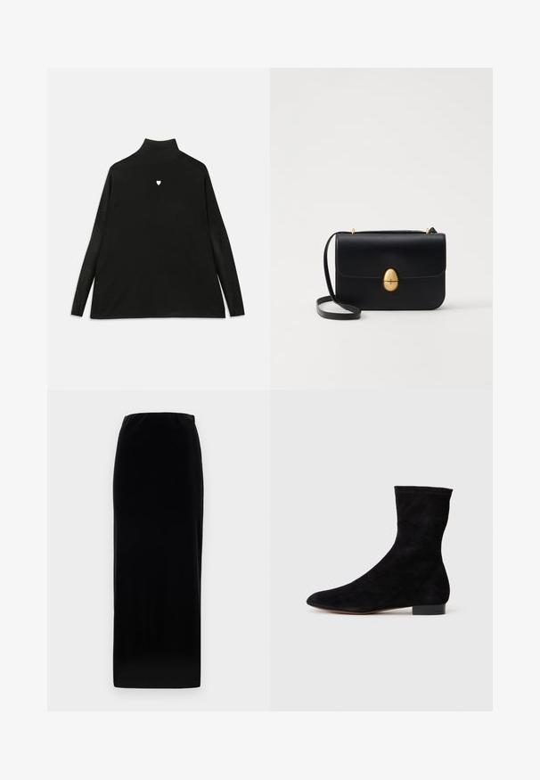 Sort turtleneck sweater med lange ærmer, prydet med et lille hvidt hjerteemblem på brystet. Blødt stof og afslappet pasform.; Sort fløjl maxi-skirt med en lige silhuet, elastisk talje, glat tekstur og uden synlige mønstre eller hardwaredetaljer.; Sorte suedestøvler til anklerne med en tætsiddende skaft, spids tå og lav blokhæl. Glat tekstur og minimalistisk design, velegnet til alsidig styling.; Sort læderhandbag med en struktureret rektangulær form. Har et gyldent ovalt lås og en tynd skulderrem. Glat tekstur.