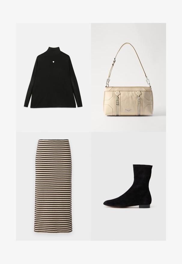 Pull noir à col roulé avec manches longues, arborant un petit embleme en forme de cœur blanc sur la poitrine. Tissu doux et coupe décontractée.; Jupe crayon tricotée avec des rayures horizontales noires et beiges, présentant une silhouette ajustée et une texture lisse. L'ourlet est droit et net.; Bottine en suede noir avec une tige ajustée, un bout pointu et un petit talon bloc. Texture lisse et design minimaliste, adaptée à un styling polyvalent.; Sac à main en cuir beige avec quincaillerie argentée, deux fermetures éclair latérales, design structuré et une bandoulière amovible pour plus de polyvalence.