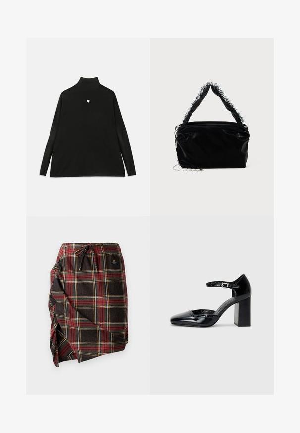 Černý rolák s dlouhými rukávy, s malým bílým srdíčkem na hrudi. Měkká látka a volný střih.; Károvaná sukni s tmavým materiálem, která má červené, zelené a žluté vzory. Obsahuje stahovací pas a boční rozparek.; Černé lakované kožené vysoké podpatky se čtveratou špičkou, řemínkem kolem kotníku a masivním podpatkem. Obsahuje perforované detaily na okraji.; Černá kabelka z umělé kůže s texturovaným povrchem, zdobená perlovým stříbrným akcentem podél horního ucha a řetízkovým popruhem.
