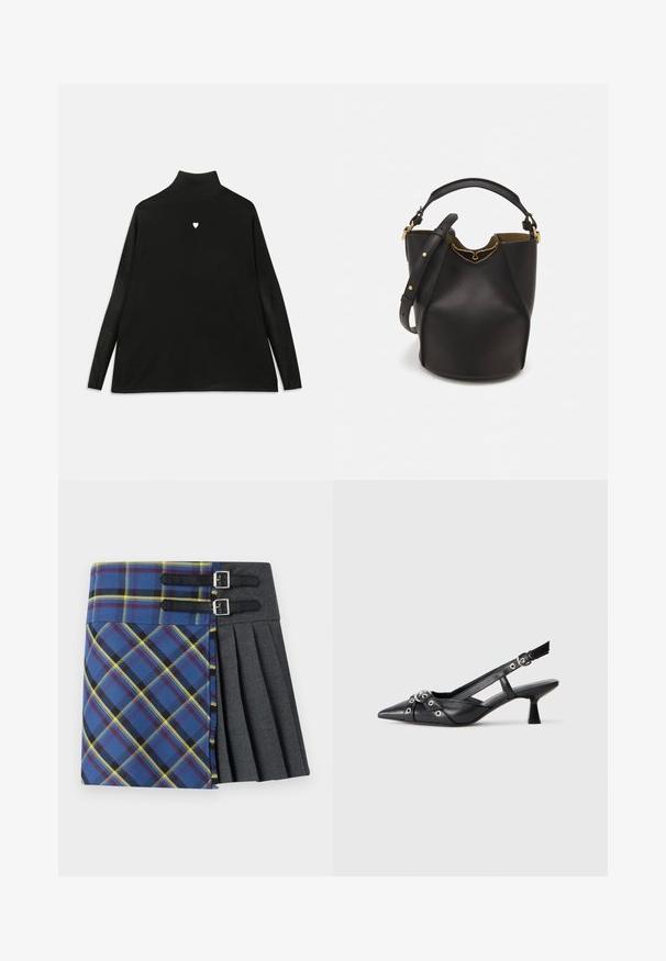 Černý rolák s dlouhými rukávy, s malým bílým srdíčkem na hrudi. Měkká látka a volný střih.; Kilt z kostkovaným vzorem v modré, zelené a žluté barvě, s plisovanou šedou částí, zabezpečený dvěma černými popruhy se stříbrnými sponami.; Černé kožené slingback boty s špičatou špičkou, dekorativními pásky s kovovými očky a nízkým blokovým podpatkem. Texturovaný povrch.; Černá kožená kabelka ve tvaru vědra s texturovaným povrchem, zlatými kovovými akcenty a otevřeným vrchem. Obsahuje krátkou rukojeť a nastavitelný ramenní popruh.