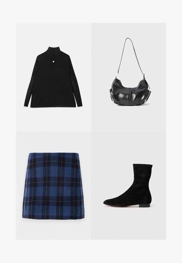 Mustalane särk pikki varrukatega, millel on rinna peal väike valge südame sümbol. Pehme kangas ja mugav lõige.; Tumedast sinine ja meriino ruuduline mini seelik, mis on valmistatud pehmest kangast, millel on veidi tekstureeritud viimistlus. Omab sirget lõiget ja puhtaid jooni.; Musthave mustan nahast pahkluu saabas, millel on kitsas vars, terav nina ja madal plokk-konts. Pehme tekstuur ja minimalistlik disain, sobib mitmekesiseks stiliseerimiseks.; Must musta kuju õlaline kott, millel on hõbedased tõmblukud mõlemal küljel ja üks rihm.