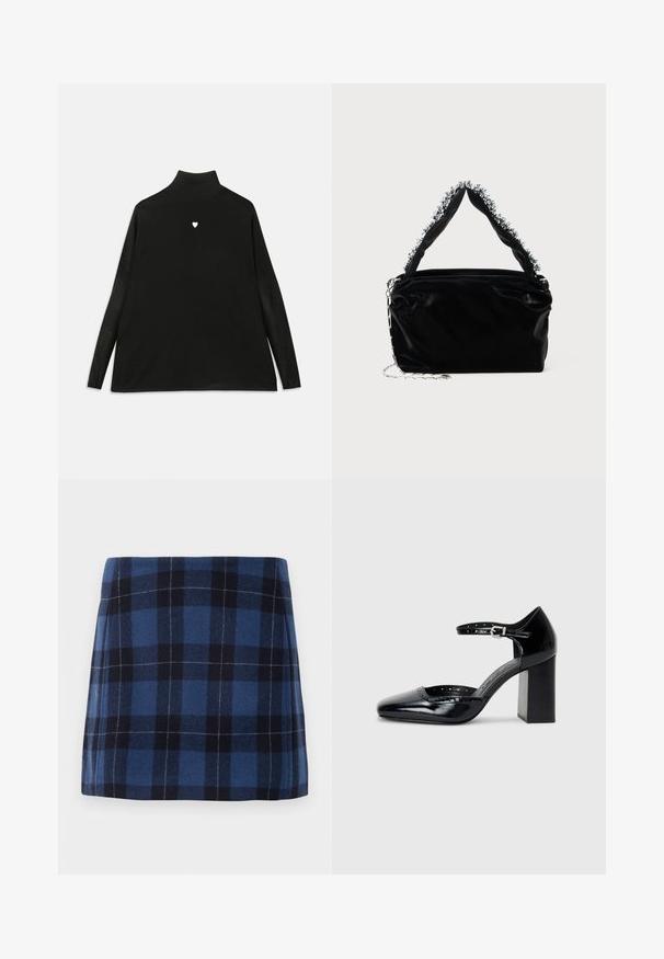 Maglione nero a collo alto con maniche lunghe, caratterizzato da un piccolo emblema a forma di cuore bianco sul petto. Tessuto morbido e vestibilità rilassata.; Gonna a quadri mini in blu scuro e navy, realizzata in un tessuto morbido con una finitura leggermente testurizzata. Presenta una linea dritta e linee pulite.; Scarpe col tacco alto in pelle verniciata nera con punta quadrata, cinturino alla caviglia e tacco chunky. Include dettagli perforati lungo il bordo.; Borsa a tracolla nera in ecopelle con finitura testurizzata, caratterizzata da un accento in argento con perline lungo il manico superiore e una tracolla a catena.