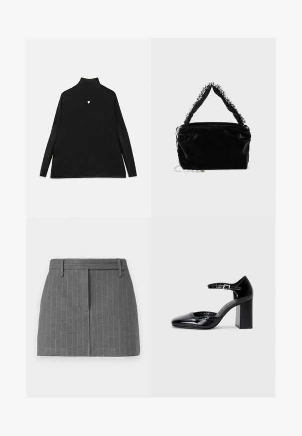 Svart høyhalset genser med lange ermer, med et lite hvitt hjerteemblem på brystet. Mykt stoff og løs passform.; Grå striperet skjørt, skreddersydd passform, med lyseblå striper, beltehemper og frontfold. Laget av teksturert stoff. Kort lengde.; Sorte lakk lær høye hæler med firkantet tå, ankelrem og chunky hæl. Inkluderer perforerte detaljer langs kanten.; Svart veske i faux lær med tekstur, med en perlet sølvdetalj langs det øverste håndtaket og en kjede-rem.