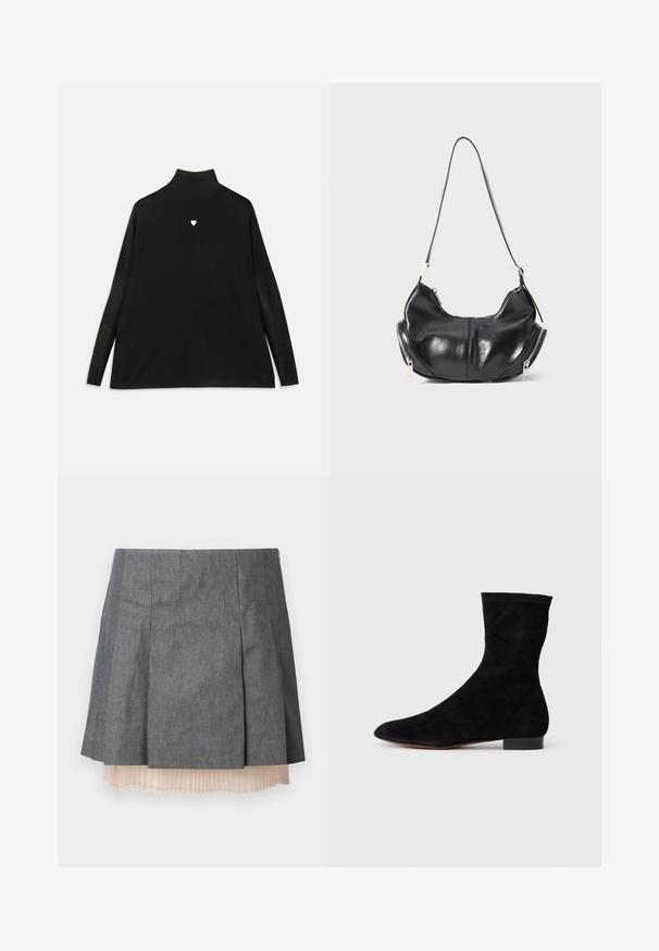 Čierny rolák s dlhými rukávmi, na hrudi s malou bielou emblematickou srdiečkou. Mäkkučká látka a voľný strih.; Sivá skladaná sukňa s textúrovaným povrchom, obsahujúca polpriehľadnú svetloružovú skladanú vnútornú vrstvu a postranný zips.; Čierne semišové členkové topánky s priliehavým zvrškom, špicatou špičkou a nízkym blokovým opätkom. Hladká textúra a minimalistický dizajn, vhodné na všestranné kombinovanie.; Čierna kožená ramenná taška v tvare polmesiaca so striebornými zipsami na oboch stranách a jedným popruhom.