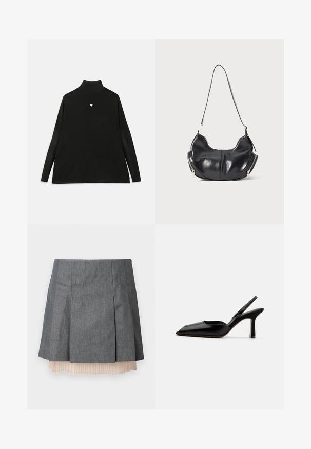 Black turtleneck sweater with long sleeves, featuring a small white heart emblem on the chest. Soft fabric and relaxed fit.; Gray pleated skirt with a textured finish, featuring a semi-sheer light pink pleated underlayer and a side zipper closure.; Black leather slingback heel with a pointed toe, minimalist design, thin ankle strap, and a sleek stiletto heel. Smooth texture.; Black leather crescent-shaped shoulder bag with silver zippers on both sides and a single strap.