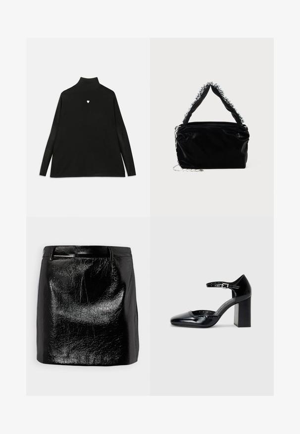Schwarzer Rollkragenpullover mit langen Ärmeln, ausgestattet mit einem kleinen weißen Herz-Emblem auf der Brust. Weicher Stoff und lockere Passform.; Schwarzer Leder-Minirock mit glänzender Oberfläche, der eine glatte Textur, eine gerade Schnittform und dezente Nähten an der Taille aufweist.; Schwarze patentierte Leder-High Heels mit quadratischer Zehenform, Knöchelriemchen und dicker Absatz. Enthält durchbrochene Details entlang des Randes.; Schwarze Handtasche aus Kunstleder mit strukturiertem Finish, ausgestattet mit einem mit Perlen verzierten silbernen Akzent am oberen Griff und einem Kettenriemen.