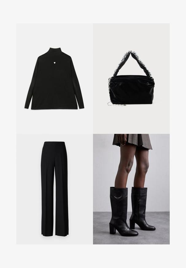 Fekete garbó, hosszú ujjakkal, kis fehér szív emblémával a mellkason. Puha anyagú és laza szabású.; Fekete, széles szárú nadrág sima tapintással, magas derékkal és középen pliszével. Nincsenek látható minták vagy fém részletek.; Zadig & Voltaire PREISER TUBE - Csizmák - noir; Fekete műbőr kézitáska texturált felülettel, amelyen gyöngyökkel díszített ezüstszínű kiegészítő található a felső fogantyún, valamint láncos pánt.