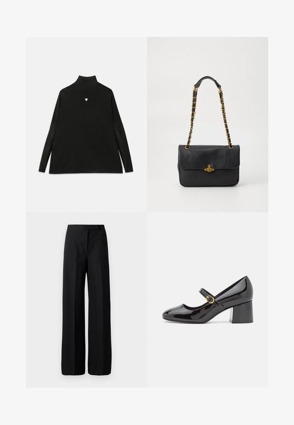 Black turtleneck sweater with long sleeves, featuring a small white heart emblem on the chest. Soft fabric and relaxed fit.; Wide-leg black trousers with a smooth, matte texture. Flat waistband with no visible hardware or patterns. Simple and elegant design.; Stuart Weitzman STUART - Classic heels - black; Black leather handbag with a fold-over flap, gold-tone chain strap, and logo hardware detail on the front. Smooth texture.