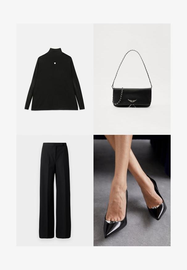 Black turtleneck sweater with long sleeves, featuring a small white heart emblem on the chest. Soft fabric and relaxed fit.; Wide-leg black trousers with a smooth, matte texture. Flat waistband with no visible hardware or patterns. Simple and elegant design.; Black leather high-heeled shoes with a pointed toe and open design featuring a decorative silver accent. Smooth texture with polished finish.; Black leather handbag with a silver chain strap, featuring decorative wing accents and white stitching along the bottom seam.