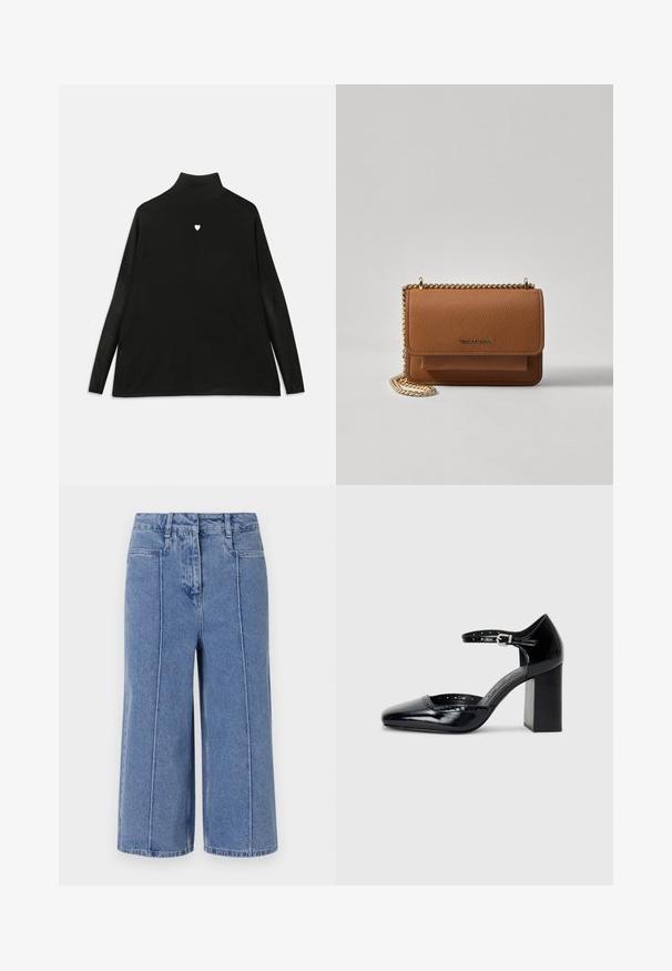 Melnā kūka ar garām piedurknēm, kurai uz krūts ir neliels balts sirds simbols. Mīksts audums un brīva piegriezuma.; Gai zilo džinsu kulotu bikses ar platu kāju dizainu, kas aprīkotas ar priekšējām un aizmugurējām kabatām un izteiktu šuvju apdari.; Melna lakota ādas augstpapēžu kurpes ar kvadrātu purngalu, potītes siksniņu un masīlu papēdi. Iekļauj perforētu apdari gar malu.; Brūna teksturēta ādas plecu soma ar zelta ķēdes siksnu un atloka aizdari. Priekšpusē ir logotipa detaļa un kabata zem atloka.