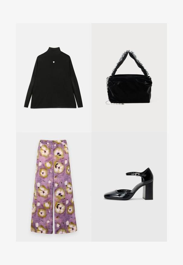 Mustalane särk pikki varrukatega, millel on rinna peal väike valge südame sümbol. Pehme kangas ja mugav lõige.; MAX&Co. ACRUX - Püksid - lila; Mustad lakknahk kingad kõrge kontsaga, ruudukujulise varbaga, pahkluu rihmaga ja paksu kontsaga. Sisaldab perforatsioonidega detaile ääres.; Must mustrepp nahkakäekott, millel on tekstuuriga viimistlus, esitades pehme hõbedase aktsendi pealt käepideme juures ja kettainet.