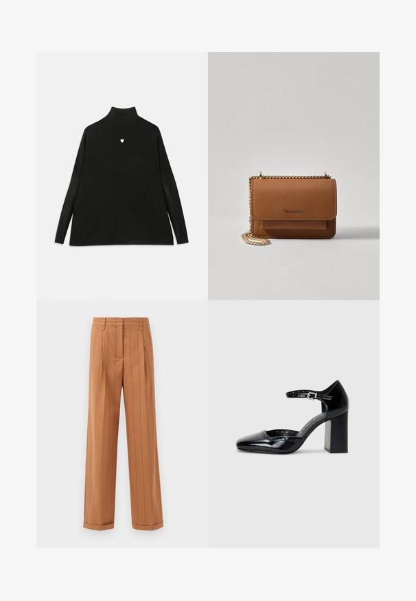 Mustalane särk pikki varrukatega, millel on rinna peal väike valge südame sümbol. Pehme kangas ja mugav lõige.; Pruuniribalised püksid, millel on kohandatud disain, pehme kangas, voldid, sirge lõige ja mansetiga hem. Valmistatud siledast materjalist.; Mustad lakknahk kingad kõrge kontsaga, ruudukujulise varbaga, pahkluu rihmaga ja paksu kontsaga. Sisaldab perforatsioonidega detaile ääres.; Pruun tekstureeritud nahk ristkeha kott kuldse ahelaga rihmaga ja klapiga sulgemine. Esiküljel on logo detail ja tasku klapi all.