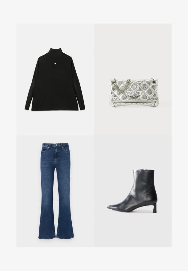 Pulôver preto de gola alta com mangas longas, apresentando um pequeno emblema de coração branco no peito. Tecido suave e corte descontraído.; Jeans flare azul escuro feitos de denim, com cintura alta, design padrão de cinco bolsos e sutis detalhes de costura.; Bota de tornozelo em pele preta com biqueira apontada e um design elegante. Apresenta um salto baixo e um fecho com zipper na parte de trás. Textura suave.; Bolsa metálica prateada com pega de corrente, textura acolchoada, costura decorativa e fecho com ziper. Apresenta detalhes em relevo na parte frontal.