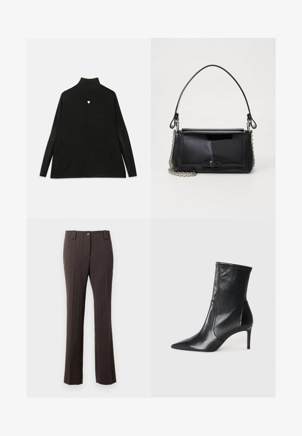 Zwart coltrui met lange mouwen, voorzien van een klein wit hartembleem op de borst. Zacht materiaal en een ontspannen pasvorm.; Bruine broek met streepjes, met een getailleerd ontwerp, voorzien van een knoopsluiting aan de voorkant en een rechte pijp. Zachte stoftextuur.; Zwarte enkelboots van soepel leer, met een spitse neus, een aangesloten schacht en een slanke hoge hak. Minimalistisch ontwerp zonder zichtbare hardware.; Zwart gepatineerd leren handtas met een rechthoekige vorm, kettingband en een opvallend hardwareaccent in het midden. Gladde textuur.
