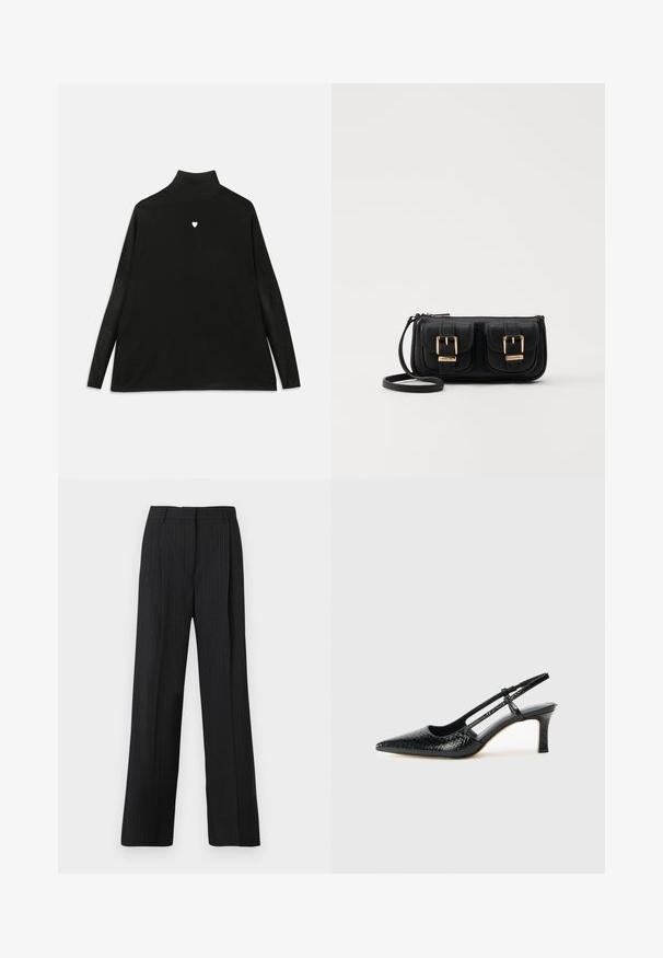 Zwart coltrui met lange mouwen, voorzien van een klein wit hartembleem op de borst. Zacht materiaal en een ontspannen pasvorm.; Zwarte broek met streepmotief en een relaxte pasvorm, met een vlakke voorkant, twee zijzakken en een soepele stofstructuur.; Zwart patent slingback hak met een spitse neus, voorzien van een gestructureerde slangenprint, verstelbare band en een korte, gestructureerde blokhak.; Zwarte leren schoudertas met twee vo pockets, gouden gespen, ritsluiting en een smalle band. Tekstuur oppervlak en compacte rechthoekige vorm.