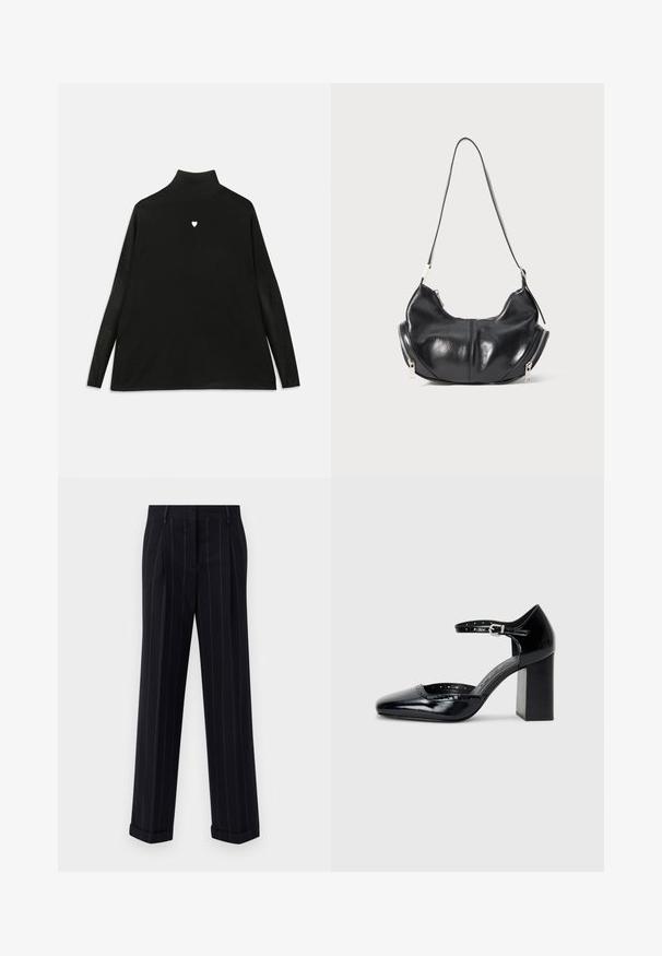 Zwart coltrui met lange mouwen, voorzien van een klein wit hartembleem op de borst. Zacht materiaal en een ontspannen pasvorm.; Zwarte broek met streepjes in een getailleerde pasvorm, voorzien van een omgeslagen zoom en voorplooien. Gemaakt van een gladde stof met een gestructureerd ontwerp.; Zwarte lakleren hoge hakken met een vierkante neus, enkelbandje en een chunky hak. Inclusief geperforeerde details langs de rand.; Zwarte leren schoudertas in de vorm van een halve maan met zilveren ritsen aan beide kanten en een enkele strap.