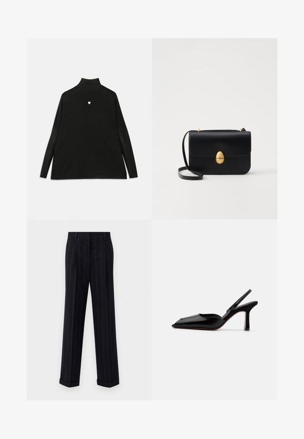 Juodas golfas ilgomis rankovėmis, su mažos baltos širdies emblema ant krūtinės. Minkšta medžiaga ir laisvas siluetas.; Juodi smėliniai kelnes su pritaikytu siluetu, su manžetėmis ir priekinėmis klostėmis. Pagaminta iš lygaus audinio su struktūrizuotu dizainu.; Juodas odinis slingback kulnas su smailiu nosiu, minimalizmo stilius, plonas kulkšnies dirželis ir elegantiškas stiletto kulnas. Lygus paviršius.; Juodas odinis rankinukas su struktūrine stačiakampio forma. Yra auksinė ovali sagtis ir plona petneša. Glotni tekstūra.