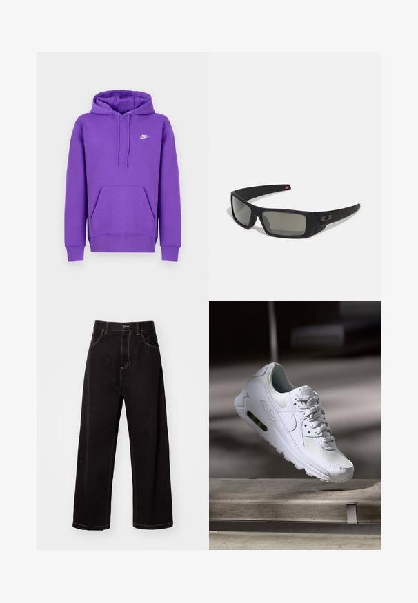 Violetti Nike-huppari, jossa on etutasku, kiristettävä huppu ja valkoinen logo rinnassa. Valmistettu pehmeästä collegekankaasta.; Mustat denim-leveät housut, joissa on kontrastiväriset saumat, viisi taskua ja edessä nappikiinnitys. Lisäksi ne ovat sileät ja kestävä kangas.; Valkoiset Nike Air Max 90 -lenkkarit, joissa on verkko- ja nahkapinta, rei'itetty kärki ja näkyvä ilmayksikkö kantapäässä.; Mustat aurinkolasit matta-pinnalla, suorakulmaiset linssit, hieman kaarevat tempaukset, hienovarainen logo-yksityiskohta ja savunväriset linssit.