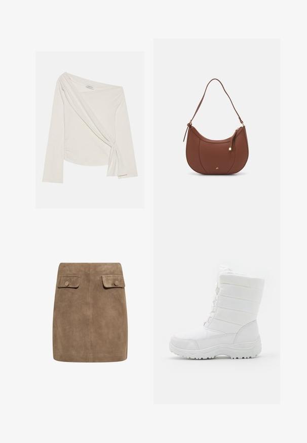 Dugih rukava, top bez ramena od meke, kremaste tkanine. Sadrži uvijeni prednji detalj i bočno nabrane dijelove za prilagođeni siluetu.; Smeđa nubuk mini suknja s glatkom teksturom, koja ima dva prednja džepa s preklopom i dugmad za zatvaranje s obje strane. Jednostavan, ravni dizajn.; Bijele vodootporne zimske čizme s podstavljenim gornjim dijelom, teksturiranim dizajnom, podesivim vezicama i robusnom gumom potplatom za prianjanje.; Smeđa torba od umjetne kože s zakrivljenim oblikom, minimalnim šavovima i zlatnim metalnim detaljima. Ima zatvaranje na gornjoj strani sa patentnim zatvaračem i podesivu naramenicu.