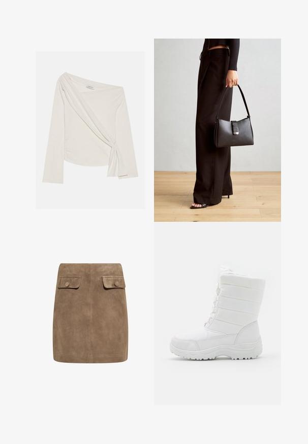 Garās piedurknes, nesasietā tops, izgatavots no mīksta krēmkrāsas auduma. Tam ir savīta priekšpuse un sānu gūšanas detaļas, nodrošinot pieguļošu siluetu.; Brūns zamšs mini svārki ar gludu tekstūru, ieguvuši divas priekšējās kabatas ar vāciņiem un pogu aizdare katrā pusē. Vienkāršs, taisns dizains.; Baltas ūdensnecaurlaidīgas ziemas zābakus ar polsterētu augšdaļu, teksturētu dizainu, regulējamām auklām un izturīgu gumijas zoli, kas nodrošina saķeri.; Melnā somiņa ar strukturētu formu, gludu tekstūru un metālu sprādzi. Saskaņota ar platām melnām biksēm un sandālēm ar atvērtu purngalu uz koka grīdas.