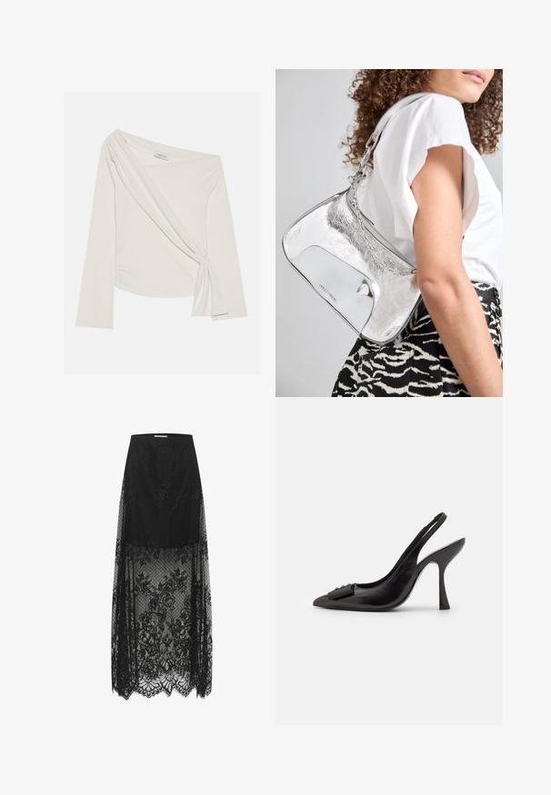 Ilgų rankovių, off-shoulder marškiniai minkšto kreminio atspalvio audinio. Yra sukta priekyje detalė ir šoninis raukšlėjimas, suteikiantis aptemptą siluetą.; Gestuz LAICA SKIRT - Maksi sijonas - black; Juoda odinė slingback tipo avalynė su smailiu pirštu, siauru aukštu kulnu ir dekoratyvine kaspino akcentu. Lygi tekstūra ir elegantiškas dizainas.; Sidabro spalvos metalinė peties kuprinė su lygiu paviršiumi, išlenkta forma, grandinėlės rankena ir blizgiu priekiu, kuriame subtiliai išgraviruotas logotipas.