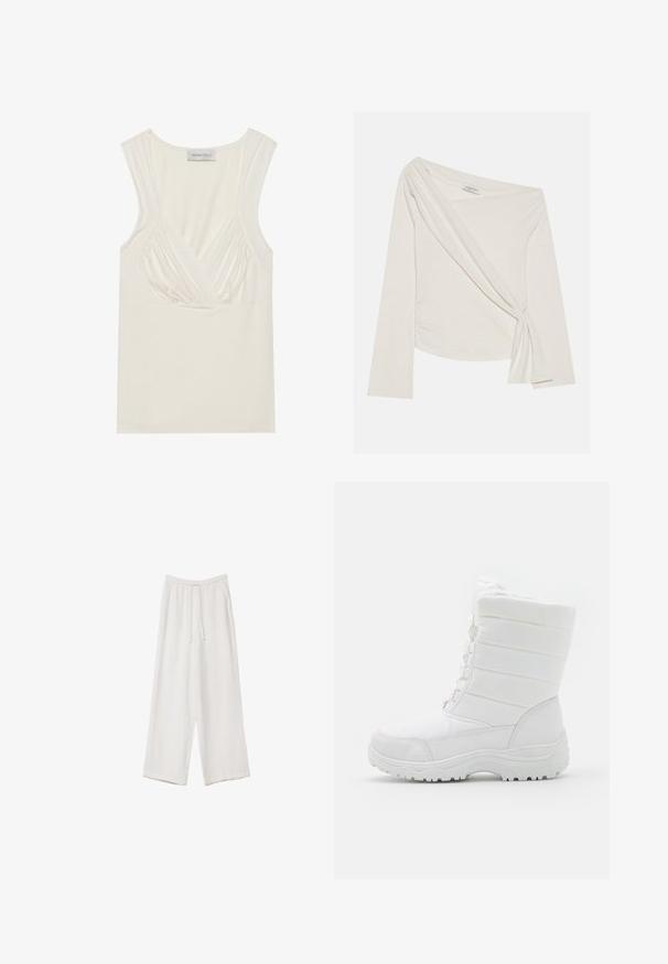 Bluza z dolgimi rokavi, brez naramnic, iz mehkega kremnega blaga. Ima zvit detajl spredaj in stranske gube za prilega silhueto.; Kremna brezrokavnica z V-izrezom in naborki na straneh, izdelana iz mehkega, raztegljivega materiala. Oznaka pravi "ANNA FIELD."; Bele široke hlače iz lahkega materiala. Imajo elastičen pas s vrvico in stranske žepe. Gladka tekstura.; Bela vodoodporna zimska čevlja z oblazinjenim zgornjim delom, teksturiranim dizajnom, prilagodljivimi vezalkami in robustnim gumijastim podplatom za oprijem.