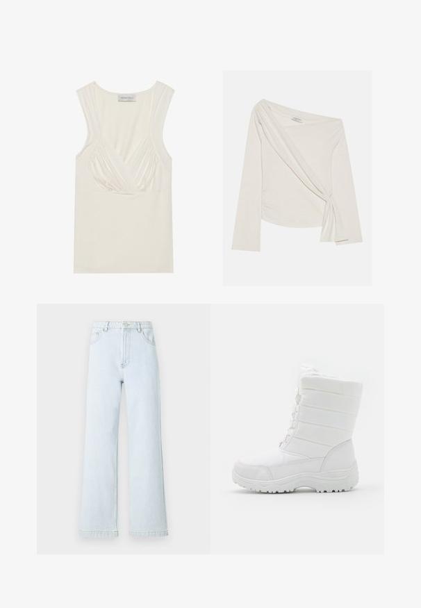 Langmouw, off-shoulder top van een zachte, crèmekleurige stof. Kenmerkt zich door een gedraaide voorkant en zijdelingse ruches voor een aansluitende silhouette.; Crème-kleurige mouwloze top met een V-hals en geplooide details aan de zijkanten, gemaakt van zachte, rekbare stof. Het label zegt "ANNA FIELD."; Lichtblauwe denim wijde broek met een hoge taille, vijf-pocket ontwerp en gouden stikdetails. Soepele textuur en rechte snit.; Witte waterdichte winterlaarzen met een gevoerde bovenkant, textuurdesign, verstelbare veters en een robuuste rubberen zool voor grip.