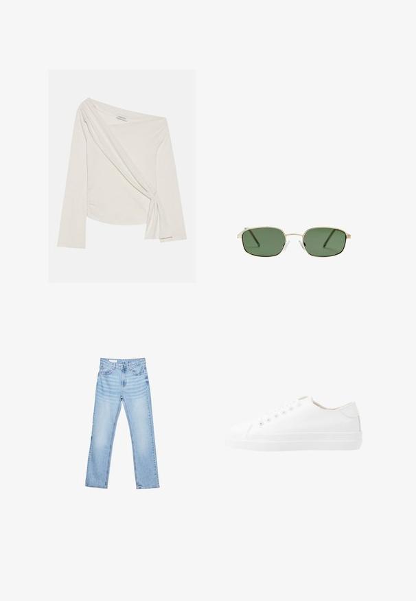 Długi rękaw, bluzka na jedno ramię w miękkim, kremowym kolorze. Posiada skręcony przód oraz marszczenie po bokach dla dopasowanego sylwetki.; Jasnoniebieskie dżinsy o prostym kroju, z pięcioma kieszeniami i widocznym przeszyciem. Średni stan z klasycznym zapięciem na guzik i zamek.; Białe trampki na płaskiej podeszwie, z okrągłym noskiem, sześcioma oczkami i teksturowaną gumową podeszwą. Gładki materiał z minimalnymi akcentami.; Okulary przeciwsłoneczne z złotą metalową oprawą, zielonymi soczewkami, prostokątnym kształtem i przezroczystymi noskami z plastiku. Cienkie, smukłe zauszniki o minimalnym designie.; Czarna torebka z sztucznej skóry o pikowanej fakturze, zaokrąglonym kształcie, srebrnym łańcuszku oraz małym logo na przodzie.