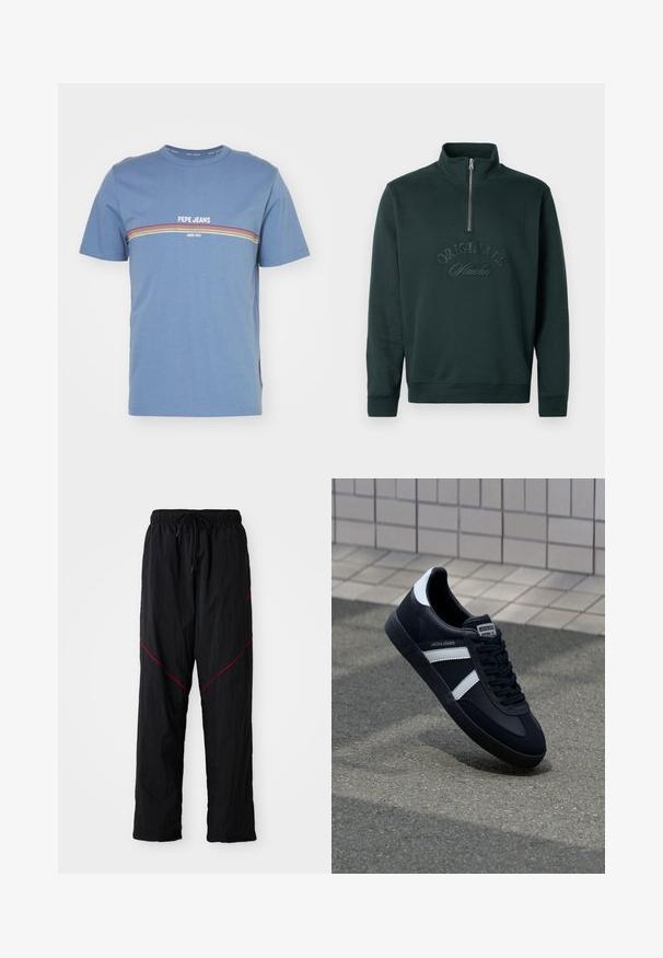 Tumši zaļš kapučeris ar augstu apkakli un pussejamu aizdari. Priekšpusē ir izcelta "ORIGINALS Studio" teksta embossing. Mīksta tekstūra.; Zila kokvilnas T-kreklā ar apaļu kakla izgriezumu, īsām piedurknēm un horizontālām daudzkrāsainām svītrām ar uzrakstu: "PEPE JEANS SINCE 1973."; Melni sporta bikses ar teksturētu apdari, ar regulējamu jostu, sarkanu akcentu līnijām un brīvu piegriezumu.; Melnā ādas sporta apavi ar baltām svītrām, teksturēta gumijas zole un auklu aizdare. Iekļauj zīmola etiķeti uz mēles.