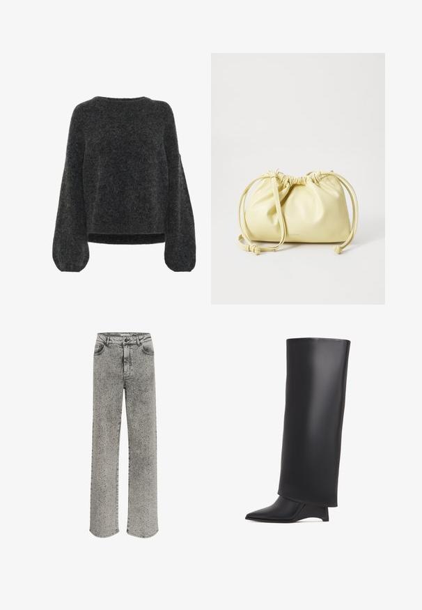 Gestuz ALPHA - Pulover - charcoal melange; Jeans din denim gri cu un design drept, împodobite cu nituțe argintii pe toată suprafața. Prezintă un stil clasic cu cinci buzunare și închidere cu buton.; Cizmă neagră până la genunchi, realizată din piele netedă, cu vârf ascuțit și toc triunghiular. Concepută cu un upper elegant și neted.; Geantă din piele galbenă cu un design plisat, închidere cu sfoară reglabilă și un singur mânere lung. Branding minimal în partea de jos.