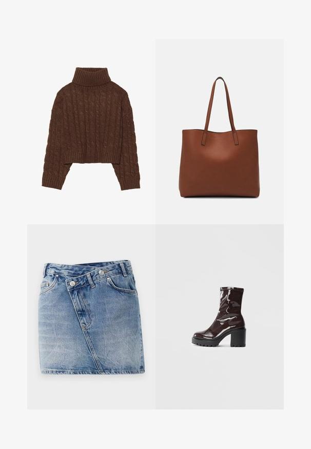 Brun cable-knit cropped genser med høy hals og lange ermer, med ribbestrikket kant og teksturert mønster gjennom hele.; Lys blå denim mini skjørt med skrå sømmer, to frontlommer og to metallknapper i livvidden. Slitt, strukturert overflate.; Glinsende burgunder ankelstøvel med en kraftig svart hæl, med en glatt tekstur og enkelt design. Ingen synlige lukkinger eller mønstre.; Brun lær tote veske med en jevn tekstur, åpen toppdesign og to skulderstropper. Har minimal søm og ingen synlige spiker.