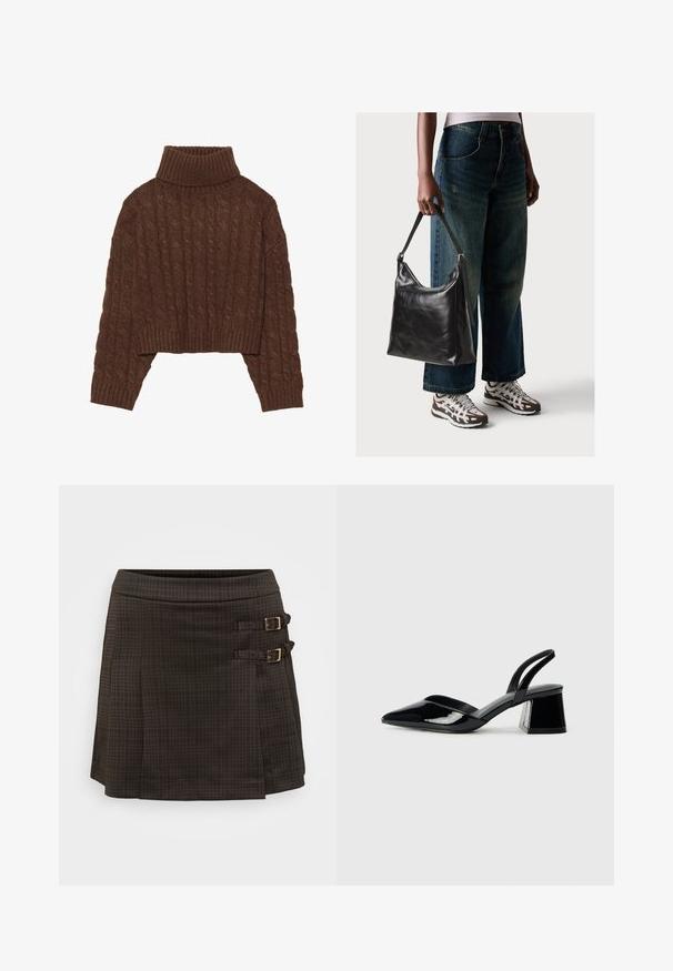 Maglione corto a trecce marrone con collo alto e maniche lunghe, caratterizzato da un orlo a coste e un motivo testurizzato in tutta la sua lunghezza.; Gonna a quadri scuri, forma a trapezio, con due fibbie laterali in metallo dorato. Realizzata in un tessuto testurizzato con un sottile motivo a quadri.; Décolleté in vernice nera con punta affusolata e tacco in geometria cubica. Presentano un design elegante e minimalista, con una texture liscia.; Borsa a tracolla nera in pelle con una texture liscia e tracolla regolabile, abbinata a jeans ampi sbiaditi e sneakers sportive.