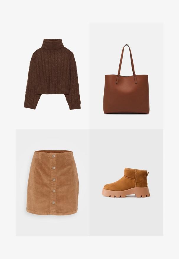 Pruun kaelussalliga lühikeste varrukatega kudum, millel on kõrge kaelus ja pikad varrukad, koos soonikuga äärisega ja tekstuurse mustriga üle kogu püksi.; Helebrood mini seelik heledas pruunis, millel on nööbiga esiosa, seitse hõbedat tooni nööpi ning tekstuuriga, ribakujuline kangas.; Kollased nubuk nahast pahkluu saapad, millel on ümar varvas, tekstureeritud pruun tald ja tõmbeplaat. Omab õmblemise seam ja tugevat platvormi disaini.; Pruun nahast tote-kott, millel on sile tekstuur, avatud ülaosa disain ja kaks õlarihma. Omab minimaalset õmblust ja nähtavat riistvara ei ole.