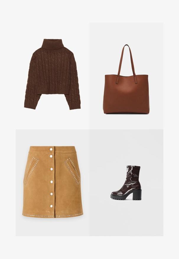 Hnedý sveter s pleteným vzorom, krátený s vysokým rolákom a dlhými rukávmi, so ribovaným lemom a textúrovaným vzorom po celom povrchu.; Hnedá semišová sukňa so zapínaním na prednej strane, dvoma bočnými vreckami a striebornými nitmi pozdĺž vreciek a spodného okraja. Hladká textúra.; Lesklé burgundské kotníkové boty s robustním černým podpatkem, s hladkou strukturou a jednoduchým designem. Bez viditelných zapínání nebo vzorů.; Hnedá kožená taška na rameno s hladkou textúrou, otvoreným vrchom a dvoma ramenými popruhmi. Má minimálne šitia a žiadne viditeľné kovania.