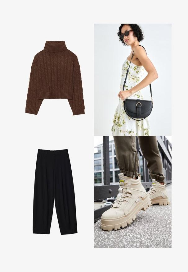 Rjav kabelski pleten krojen pulover s visokim izdelkom za vrat in dolgimi rokavi, s težkim robom in teksturiranim vzorcem po celotni površini.; Črne široke hlače iz lahkega materiala z naprsnimi gubami, klasičnim pasom in stranskimi žepi. Gladko teksturo.; Bež polvisne športne čevlje z debelim, teksturiranim podplatom, vezanjem in rumenimi detajli. Teksturirano usnjeno zgornje z črnimi šivi.; Črna usnjena torbica s ukrivljeno obliko, z odstranljivo naramnico in zlatimi dodatki. Torbica ima pokrov s podrobnostmi v obliki zaponke.