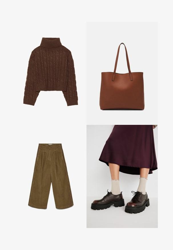 Bruine kabelgebreide cropped trui met een hoge col en lange mouwen, voorzien van een geribde zoom en een gestructureerd patroon in het geheel.; Bruine wijde corduroy broek met hoge taille, voorplooien, zijzakken en een knoopsluiting.; Bruine leren platform schoenen met dikke zwarte zolen, gecombineerd met geribbelde beige sokken met golfranden, tegen een neutrale achtergrond.; Bruine leren tote bag met een gladde textuur, een ontwerp met een open bovenkant en twee schouderbanden. Kenmerkt zich door minimale stiksels en geen zichtbare hardware.