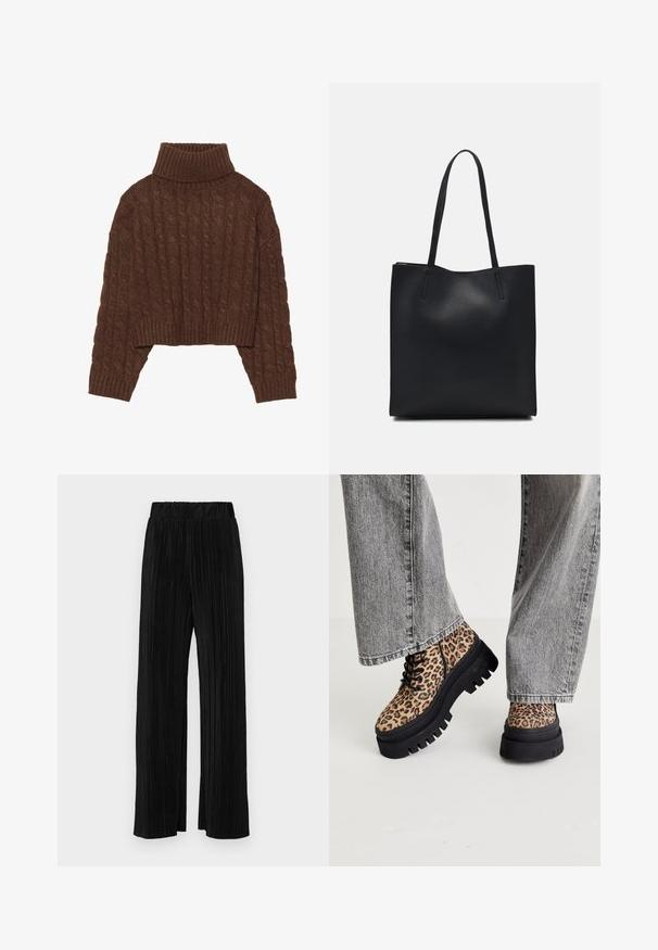 Barna, kábelmintás, rövid fazonú pulóver magas garbónyakkal és hosszú ujjakkal, bordázott szegéllyel és mindenütt texturált mintázattal.; Fekete pliszírozott nadrág gumis derekkal. Széles lábakkal rendelkezik, sima, texturált anyagból készült, függőleges csíkokkal.; Steve Madden COAST - Fűzős bokacsizmák - brown/multi-coloured; Fekete bőrtáska sima felszínnel, téglalap alakú, két hosszú füllel. Nincs látható fémkiegészítő vagy díszítés.