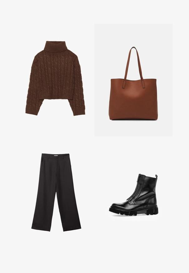 Brązowy sweter cropped z dzianiny o splocie w warkocze, z wysokim kołnierzem typu golf i długimi rękawami, z prążkowanym wykończeniem i teksturowanym wzorem na całej powierzchni.; Czarne spodnie z szerokimi nogawkami, wykonane z gładkiego materiału, z przednim zamkiem błyskawicznym i dwoma bocznymi kieszeniami, o dopasowanym kroju i minimalistycznym wzornictwie.; Czarne skórzane botki za kostkę z bocznym zamkiem, masywną gumową podeszwą, zaokrąglonym noskiem i subtelnymi detalami przeszycia.; Brązowa skórzana torba tote o gładkiej fakturze, z otwartym wierzchem i dwoma ramiączkami. Charakteryzuje się minimalnym przeszyciem i brakiem widocznych elementów metalowych.