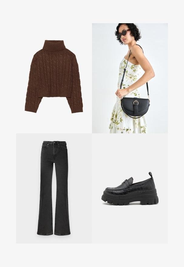 Hnedý sveter s pleteným vzorom, krátený s vysokým rolákom a dlhými rukávmi, so ribovaným lemom a textúrovaným vzorom po celom povrchu.; Čierne rozšírené džínsy z džinskej látky s vysokým pásom, detailným prešívaním, dvomi prednými vreckami a čistým zakončením na leme.; Buffalo ASPHA LOAFER - Našuchovačky - black; Čierna kožená kabelka s zaobleným tvarom, odnímateľným popruhom a zlatými doplnkami. Kabelka má klopu s detailom s prackou.
