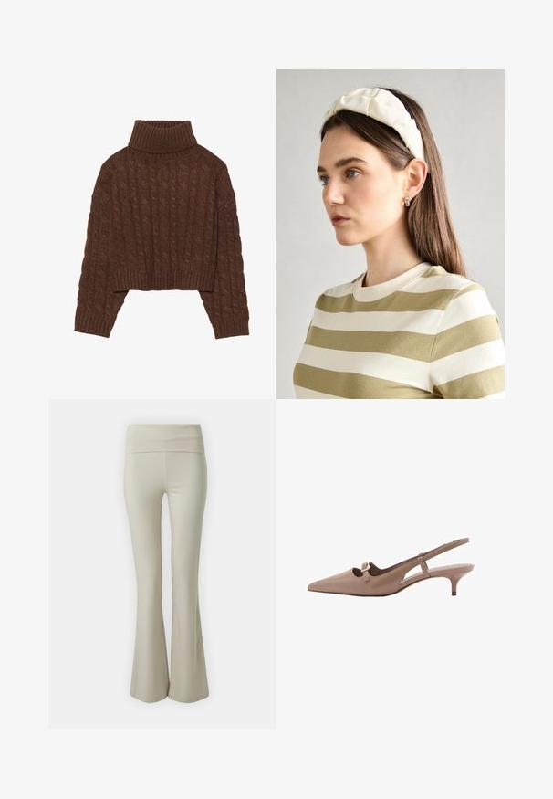 Pulover scurt din lână tricotat maro, cu guler înalt și mâneci lungi, având o margine striată și un model texturat pe întreaga suprafață.; Pantaloni bej evazați dintr-un material moale, având o talie largă, elastică și o textură netedă, care se lărgesc spre tivul de jos.; Pantofle cu toc înalt, de culoare bej, cu vârful ascuțit, finisaj din piele netedă și un accent decorativ sub formă de fundă pe partea superioară. Toc mic de tip kitten heel.; Bandă de cap din material moale, de culoare crem, cu un design răsucit, purtată alături de o bluză în dungi bej și albă, cu guler rotund. Accente discrete din bijuterii.