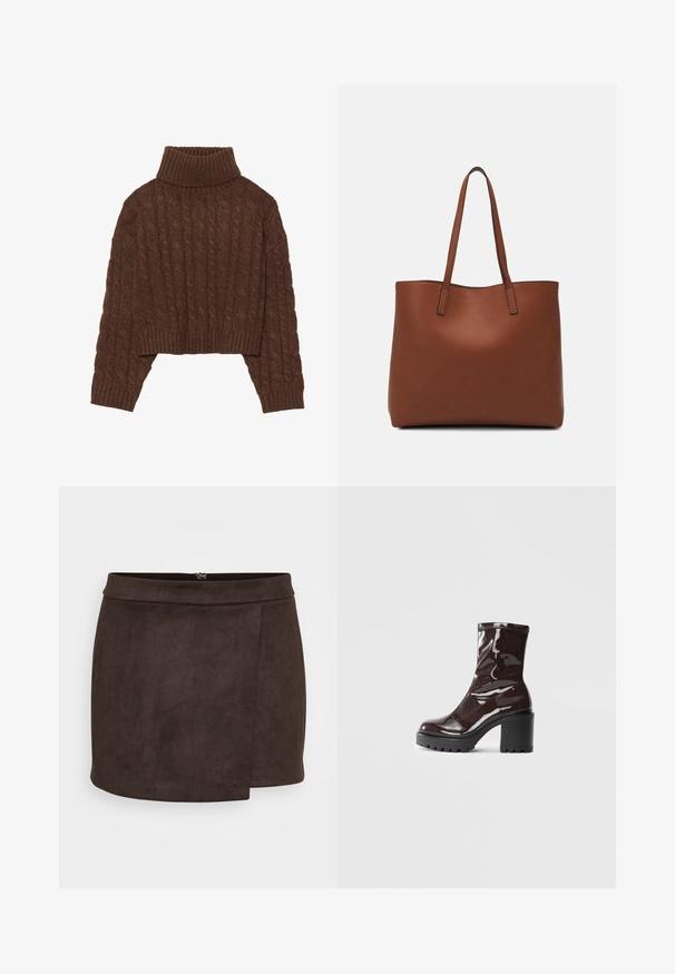 Hnědý svetr s pleteným vzorem, zkrácený, s vysokým rolákem a dlouhými rukávy, s žebrovaným lemem a texturovaným vzorem po celém povrchu.; Hnědá mini sukně z umělého semiše s hladkým povrchem, má boční rozparek a diskrétní zip na zadní straně.; Lesklá bordó kotníková bota s masivním černým podpatkem, se hladkým povrchem a jednoduchým designem. Žádné viditelné zapínání ani vzory.; Hnědá kožená taška přes rameno s hladkou texturou, otevřeným designem a dvěma ramenními popruhy. Obsahuje minimální švy a žádné viditelné kovové prvky.