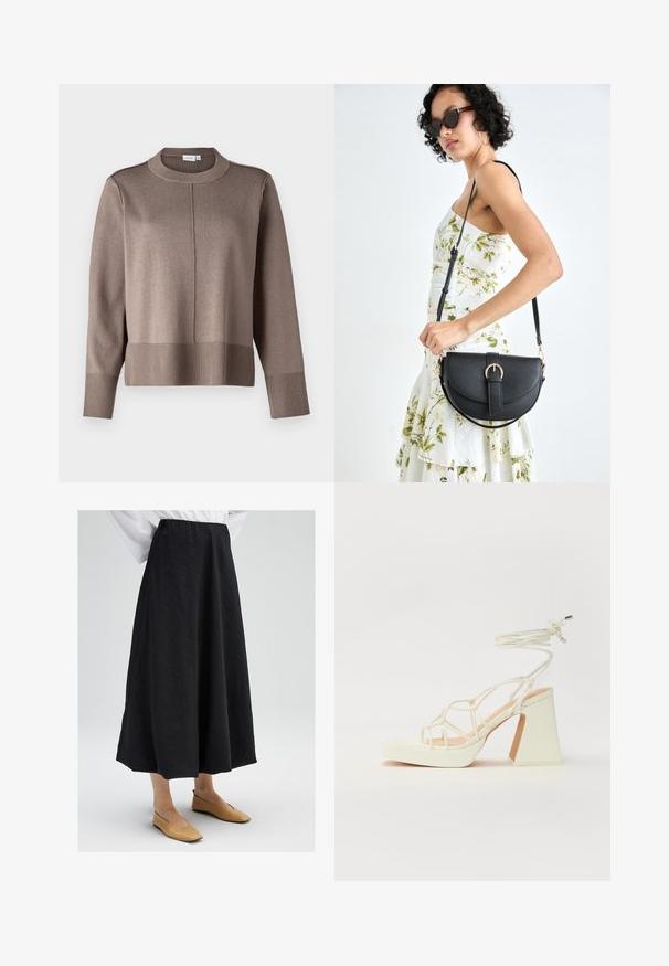 Suéter de punto marrón con un cuello alto, puños y dobladillo acanalados, y una textura suave. Presenta una costura en el centro frontal para un detalle adicional.; Falda midi negra con una superficie texturizada, que cuenta con una cinturilla elástica y una silueta fluida. Combinada con zapatos planos beige.; Sandalia de tacón alto blanca con un tacón grueso, que presenta un diseño de tiras y un lazo en el tobillo. Textura suave con una plataforma en la parte delantera para mayor altura.; Bolso de piel negra con forma curva, correa desmontable y herrajes dorados. El bolso cuenta con una solapa con un detalle de hebilla.
