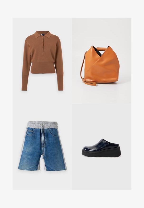 Barna kötött pulóver, galléros nyakkal, öt gombos állással, hosszú ujjal és cropped fazonnal. Sima textúrájú és testhezálló dizájn.; Farmernadrág rövidnadrág szürke gumis derékkal, zsinórral ellátva. A dizájn oldalsó zsebekkel és színblokkolt megjelenéssel rendelkezik.; Sötétkék lakkbőr klumpa sima felülettel, vastag fekete platformtalppal és látható varrással az alján.; Barna bőr kézitáska egyedi háromszög alakú hajtásdizájnnal, felső fogantyúval és levehető vállpánttal, fehér háttér előtt.
