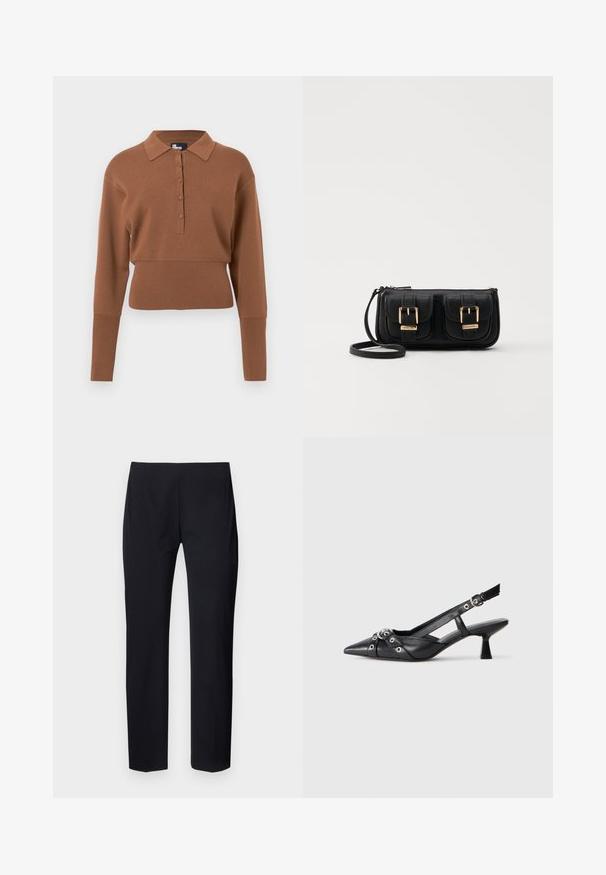 Pulôver castanho de malha com gola, com um fecho de cinco botões, mangas longas e barra curta. Textura suave e design ajustado.; Calças pretas sob medida com um corte slim, apresentando uma textura suave e um design frontal liso. Sem bolsos visíveis ou detalhes em metal.; Sapato slingback em couro preto com biqueira fina, tiras decorativas com ilhós de metal e um pequeno salto quadrado. Superfície texturizada.; Bolsa de ombro em couro preto com dois bolsos frontais, fivelas douradas, fecho de zíper e uma alça fina. Superfície texturizada e forma retangular compacta.