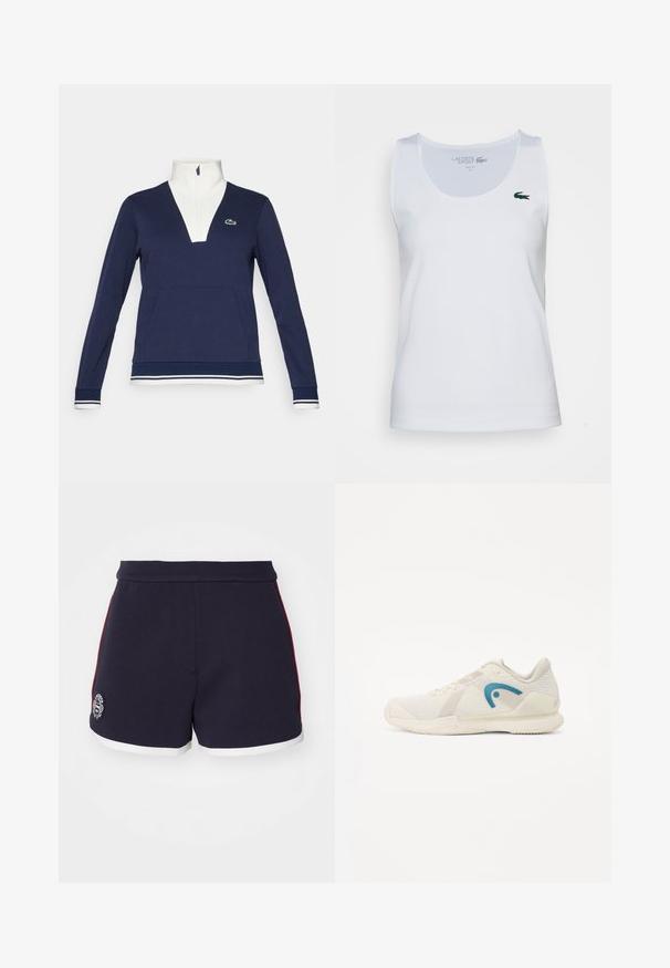 Pulover navy cu jumătate de fermoar, fabricat dintr-un material texturat, având guler și manșete albe, buzunar kangaroo și un logo verde Lacoste.; Top alb fără mâneci, cu textură culcată, având o croială slim. Include un mic logo verde Lacoste pe partea stângă a pieptului.; Șorturi atletice de culoare bleumarin, cu o dungi laterală albă și roșie, tiv alb și un logo circular pe piciorul stâng. Textură de material neted.; Pantof din material ușor pentru sport, de culoare albă cu nuanțe călduțe, având o parte superioară din plasă texturată, un logo de accent albastru și o talpă din cauciuc cu modele de aderență.